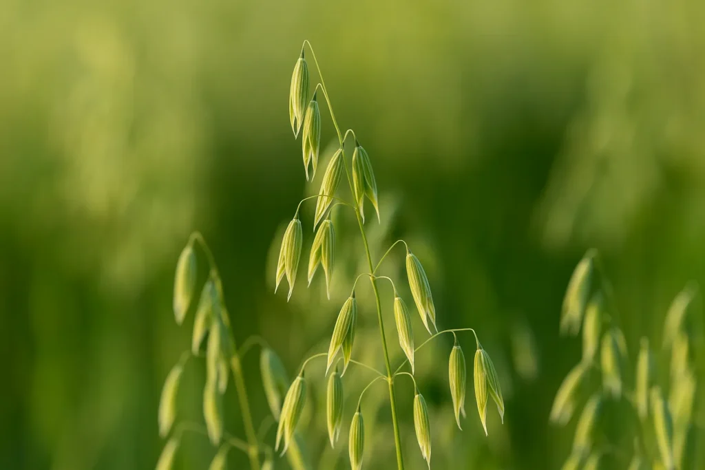 ओट्स प्लांट (Avena Sativa) की नज़दीकी तस्वीर, हरी डंठल और दाने के साथ
