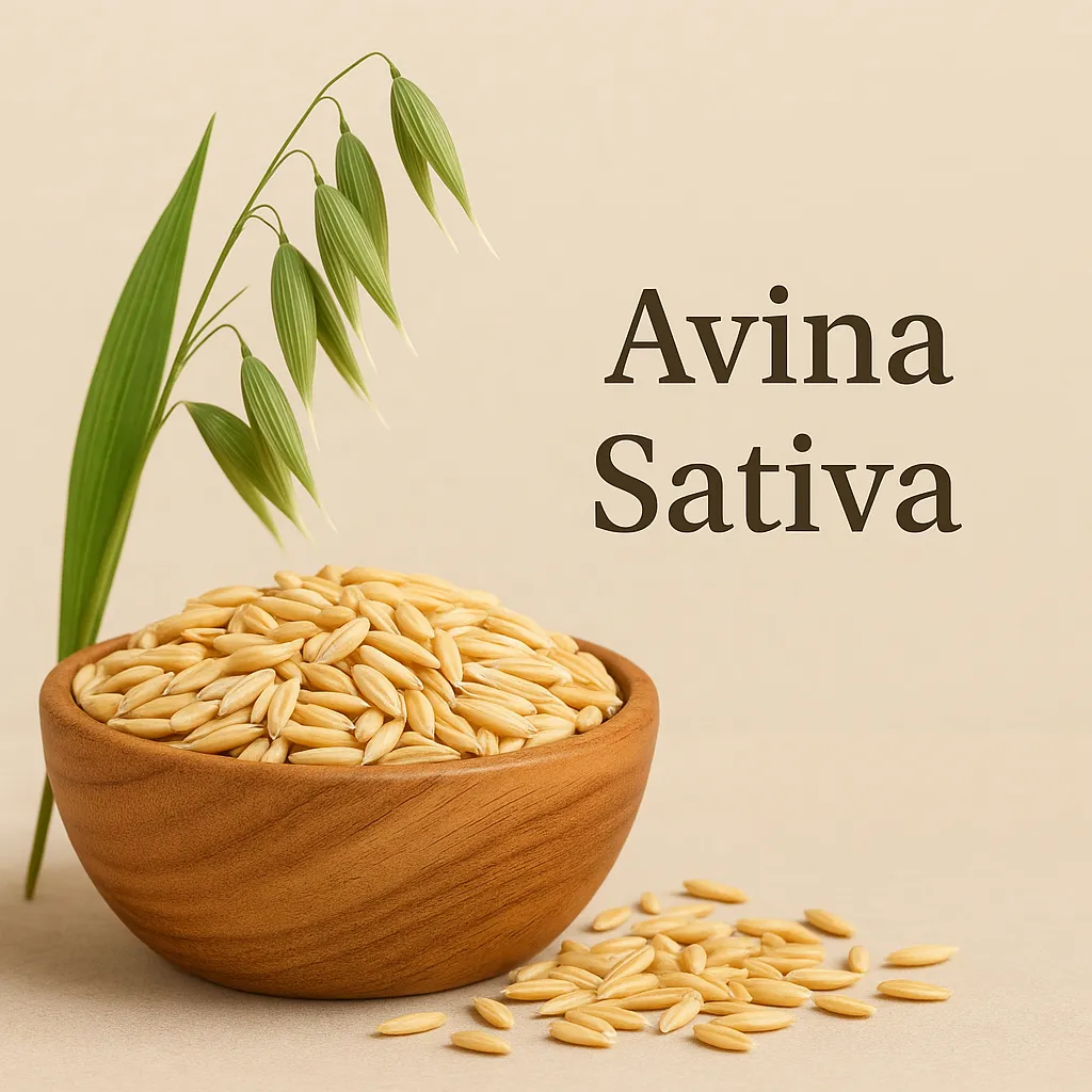 एक लकड़ी के बाउल में ओट्स के दाने और हरे ओट्स प्लांट के साथ, Avina Sativa – नशा मुक्ति के लिए प्राकृतिक उपाय