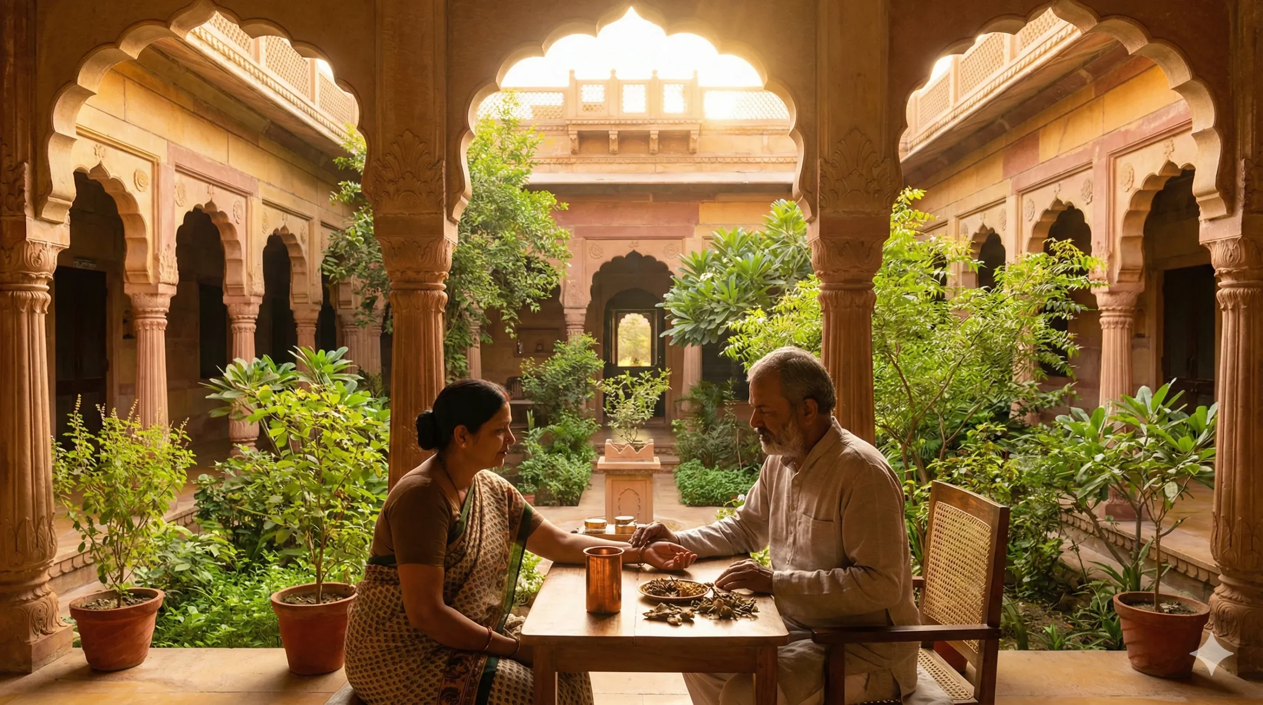 मथुरा स्थित आयुर्वेदिक नशा मुक्ति केंद्र के शांत आंगन में सूर्योदय के समय एक डॉक्टर मरीज से परामर्श करते हुए, जो नशे से मुक्ति और नई आशा का प्रतीक है।