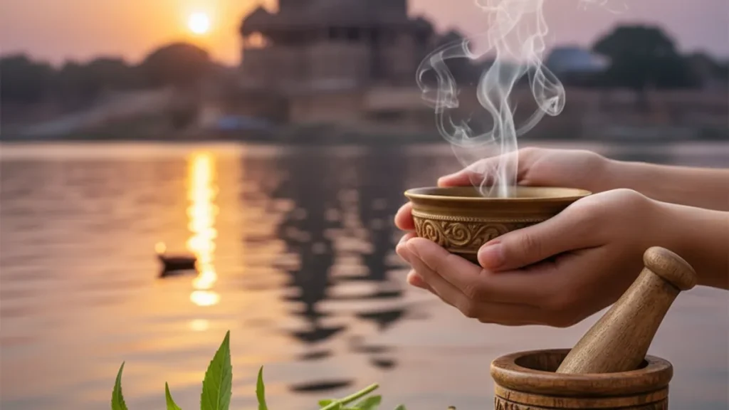 मथुरा में आयुर्वेदिक नशा मुक्ति का महत्व दर्शाती एक शांत और सकारात्मक तस्वीर।